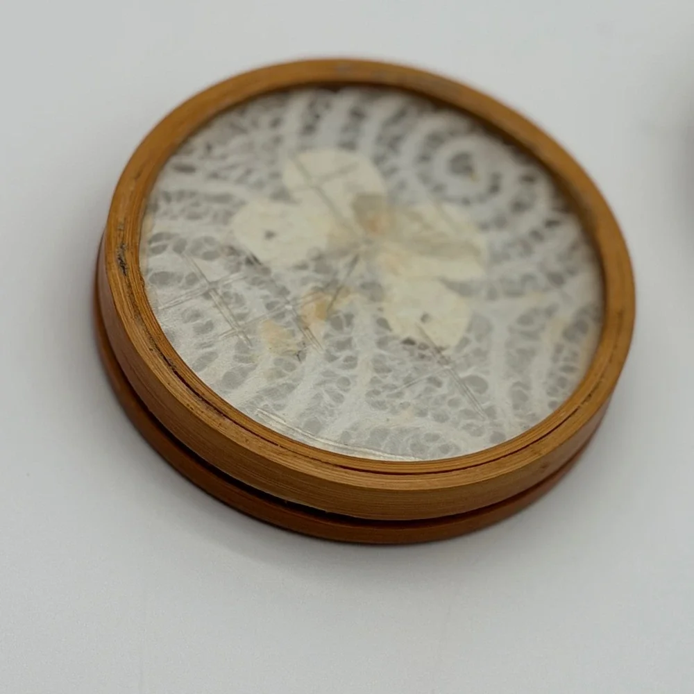 Vintage Bamboo Coasters Set of 2 Pressed Butterfly Lace Inlay Glass Round 4in